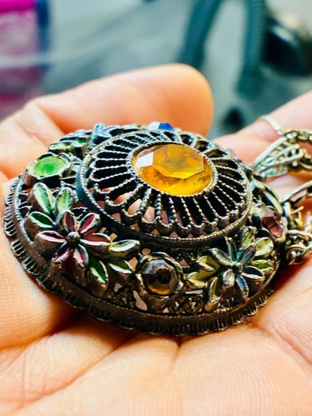 Vintage Oval Style Floral Pendant Necklace with Amber Center Whimsical Witchy